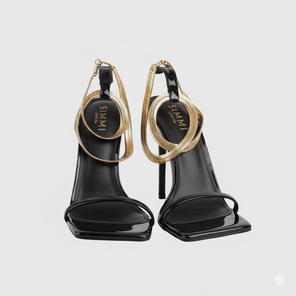 Simmi London Neely Black Patent Heels with gold-plated Herringbone Ankle Chain - Picture 2 of 2